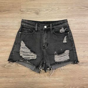 Dark wash distressed high waisted shorts
